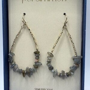 Persimmon semi-precious labradorite stone beads dangling hoop earrings.